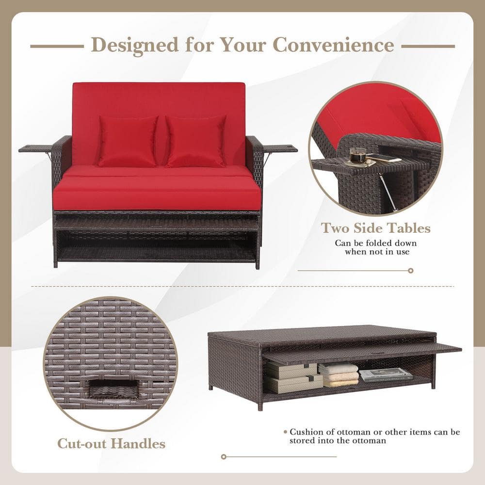 Red Adjustable Rattan Loveseat with Multifunctional Ottoman