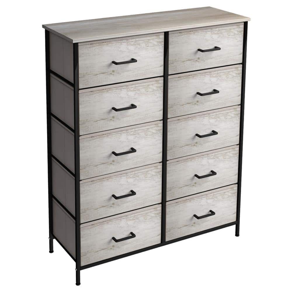 Sorbus Greige 10-Drawer Dresser with Faux Wood Bins & Steel Frame