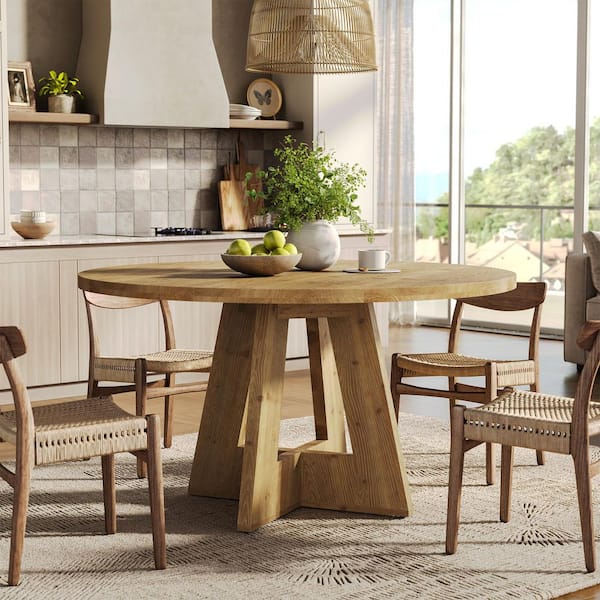 BYBLIGHT Roesler Brown Solid Wood 47.24 in. Round Pedestal Dining Table ...