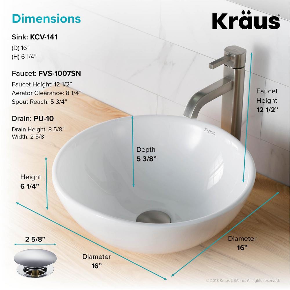 White Ceramic Round Vessel Sink with Satin Nickel Faucet