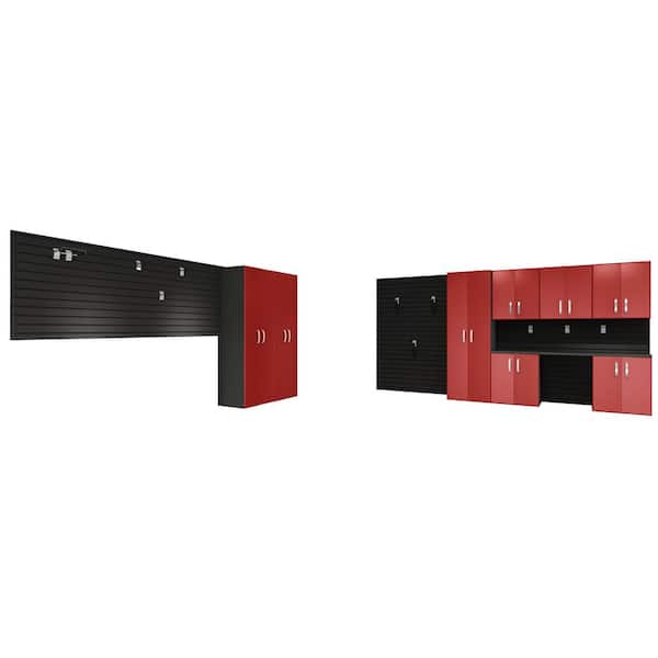 Flow Wall Modular Wall Mounted Garage Cabinet Storage Set with Workstation and Accessories in Black/Red Carbon Fiber (19-Piece)