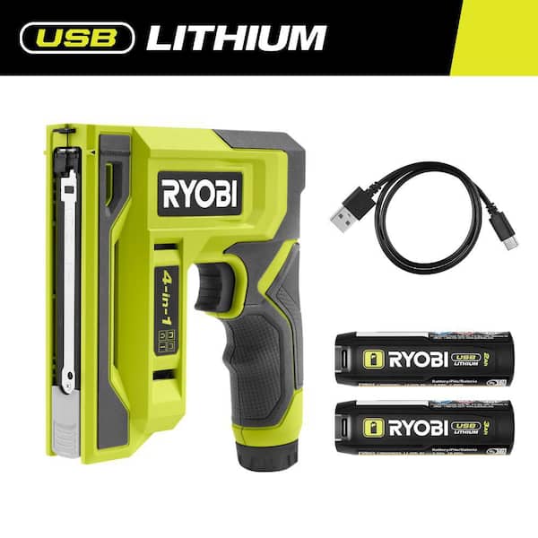 USB LITHIUM 4-in-1 Stapler/Nailer Kit with 3.0 Ah Battery, Charging Cable, and USB Lithium 2.0 Ah Rechargeable Battery