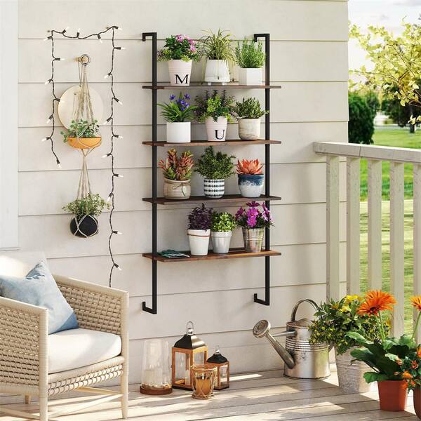 Costway 64 in. Coffee Wood 4-Shelf Ladder Bookcase Industrial Wall