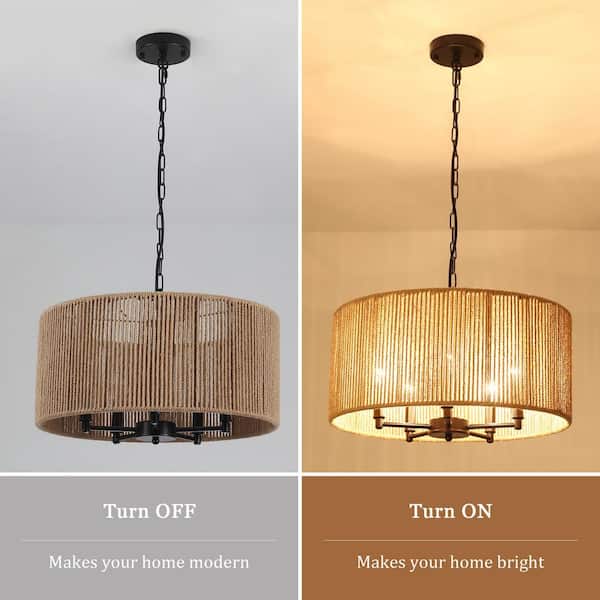 LWYTJO 19 in. 5-Light Black Dimmable Bohemian Drum Chandelier