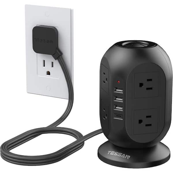 Power Strip Tower, 10 ft. Flat 12-Outlets, Surge Protector with 8 AC Outlets 4 USB Ports