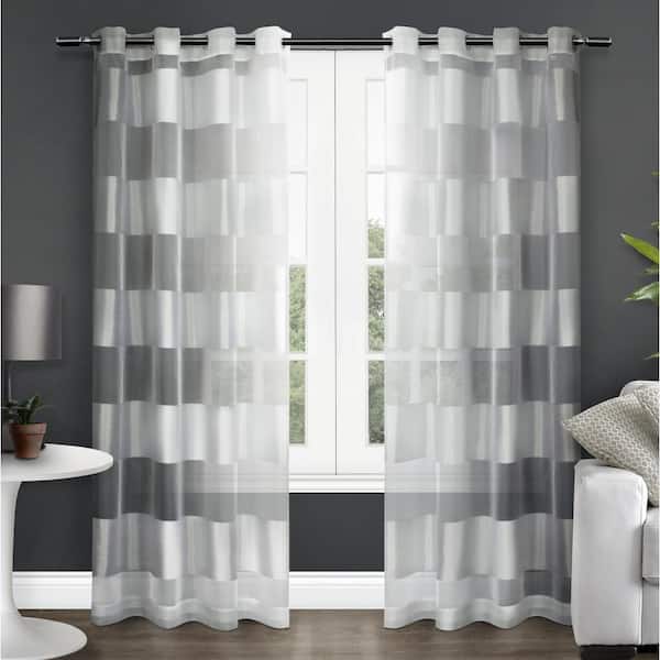 EXCLUSIVE HOME Navaro Winter White Stripe Sheer Grommet Top Curtain, 54 in. W x 84 in. L (Set of 2)