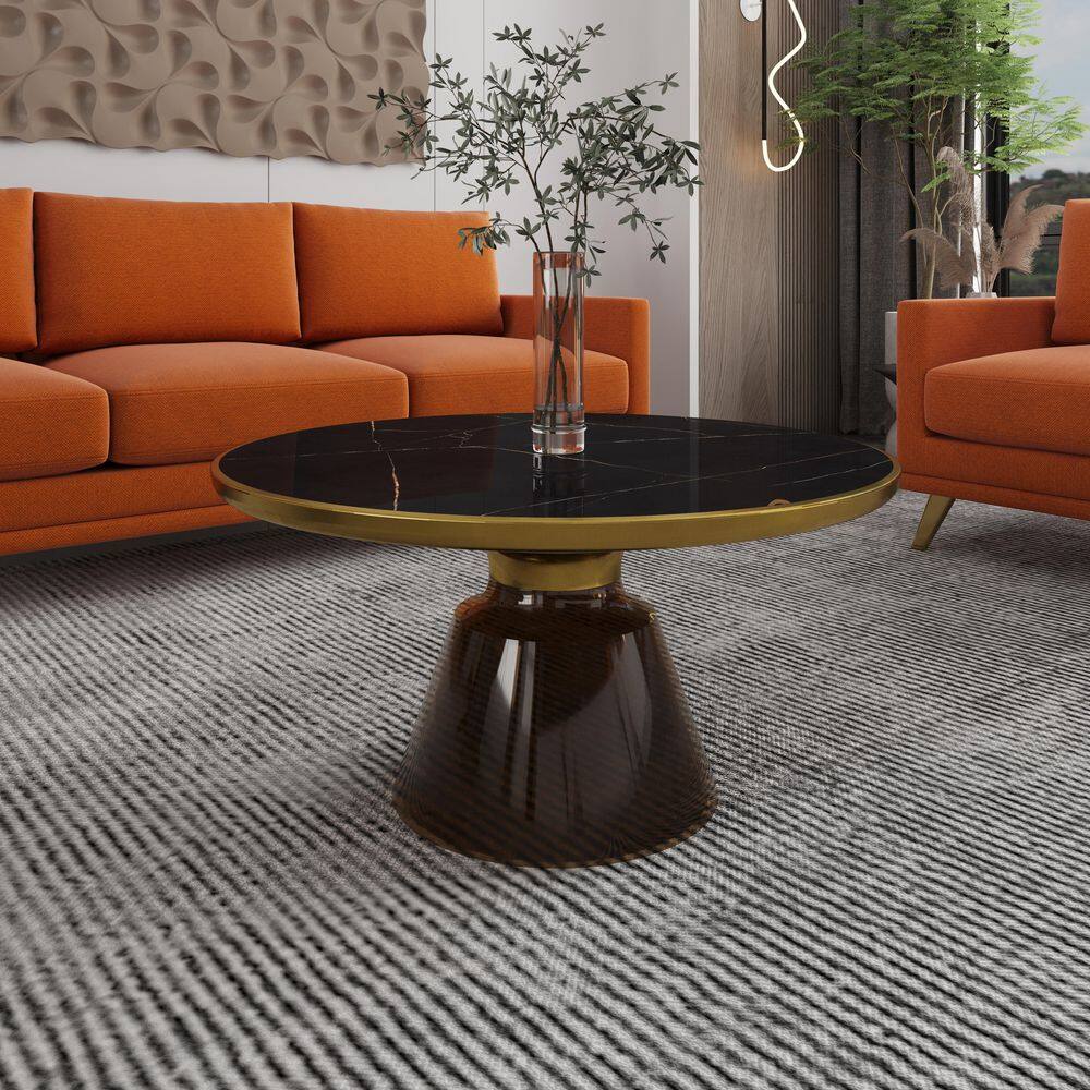 30 in. Round Coffee Table Sintered Stone Tabletop with Gold Iron Rim Frame and Glass Pedestal Base in Grey/Black