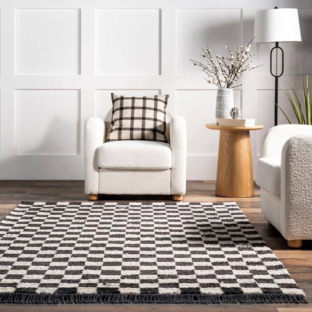Pania Dark Gray and White Geometric Synthetic 4' x 6' Area Rug
