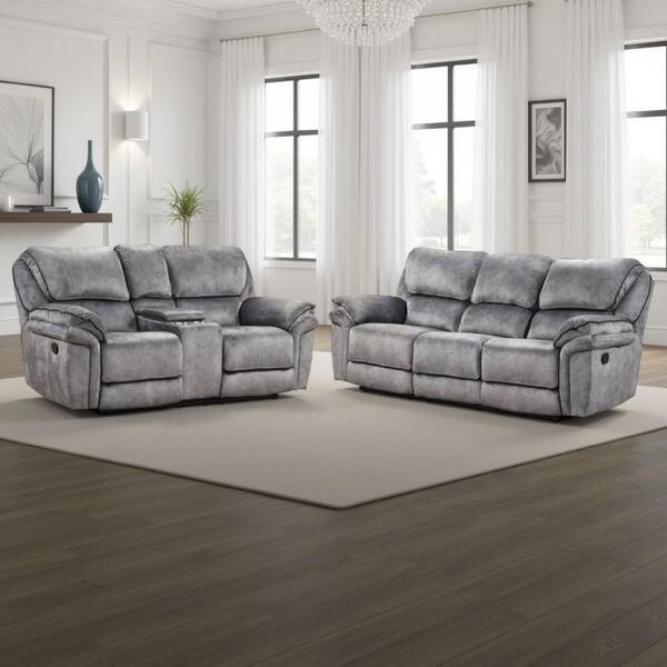 Benjara Arisa Gray and Black Faux Leather Glider Sofa and Loveseat