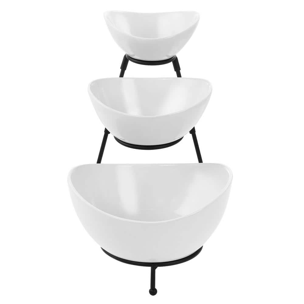White Ceramic 3-Tier Oval Serving Bowl Set with Metal Stand