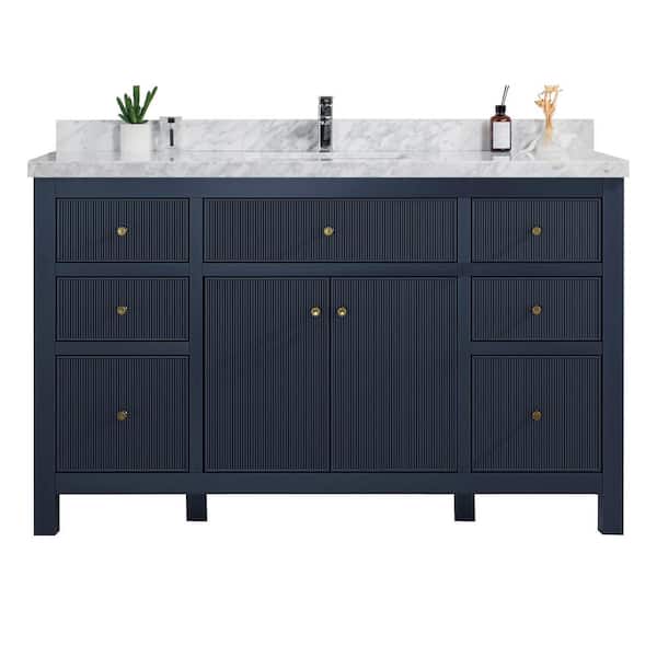 Willow Collections Sonoma 60 in. W x 22 in. D x 36 in. H Single Sink Bath Vanity in Navy Blue with 2 in Carrara Marble Vanity Top