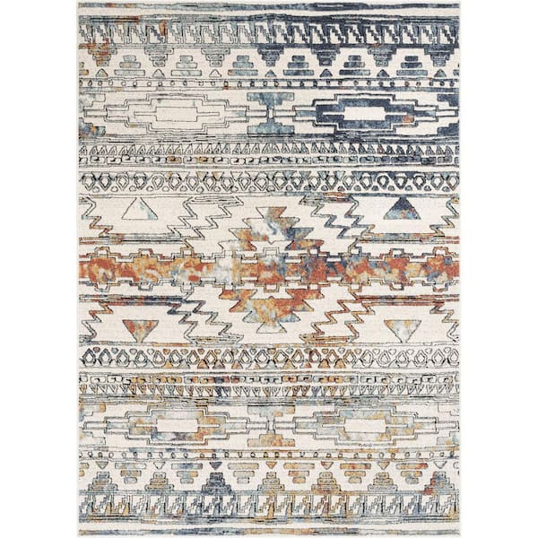 Well Woven Envie Forli Southwestern Aztec Ivory Blue 5 ft. 3 in. x 7 ft. 3 in. Area Rug