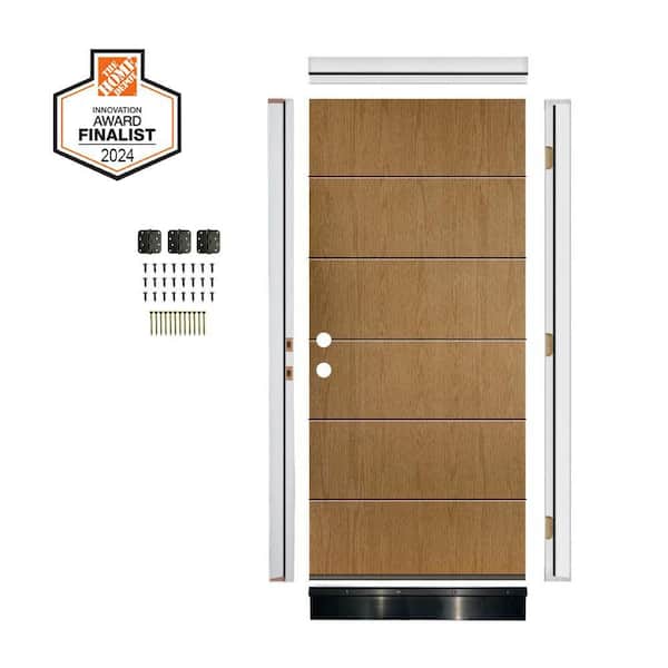 Krosswood Doors DIY RTA Kit 36 in. x 80 in. Right-Hand/Inswing 6-Grid Solid Panel Bourbon Stain Fiberglass Ready To Assemble Front Door