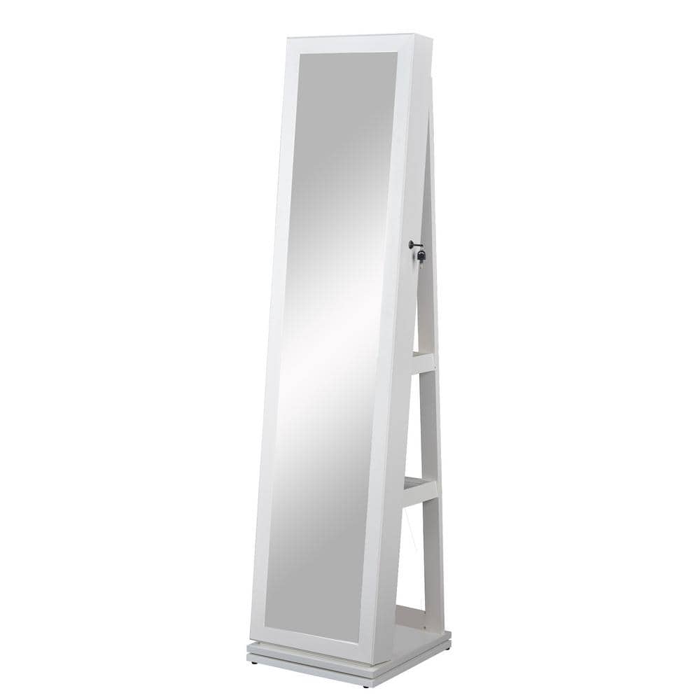 White Rectangular Wood Floor Standing Jewelry Cabinet with Mirror