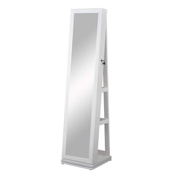 Unbranded White Rectangular Wood Floor Standing Jewelry Cabinet with Mirror