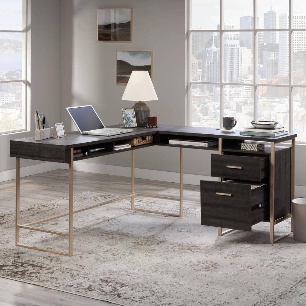Blade Walnut L-Shaped Wood Corner Desk with Filing Cabinet