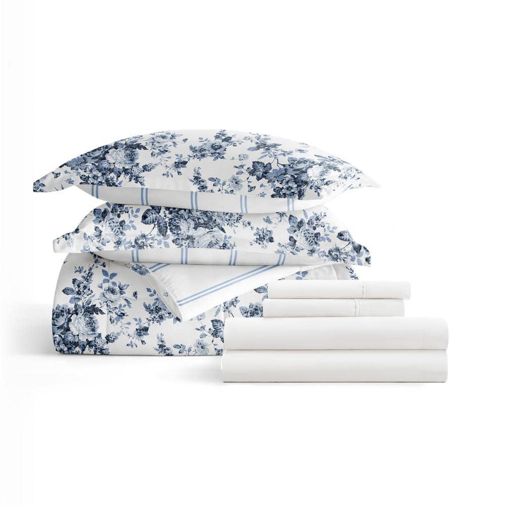 Twin XL White and Blue Floral Microfiber Bedding Set