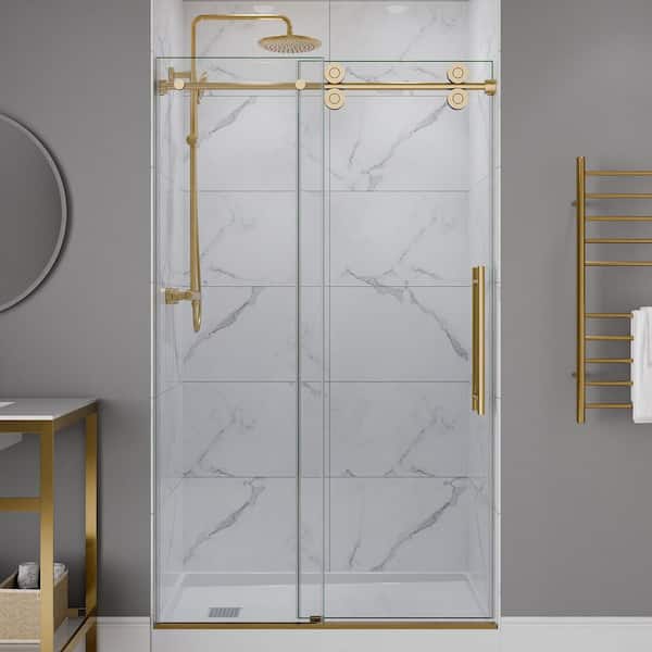 76 in. 48 in. Frameless Sliding Shower Door brushed gold