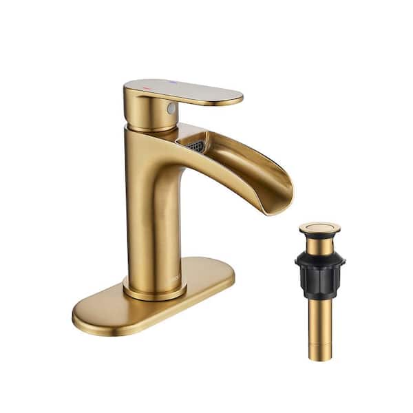 FORIOUS Waterfall Single Hole Single Handle Bathroom Faucet with Metal Pop-Up Drain, Bathroom Sink Faucet in Matte Gold