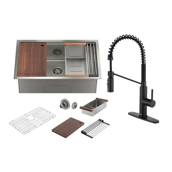 CASAINC 30 in. Undermount Single Bowl 16 Gauge Nano Stainless Steel Workstation Kitchen Sink with Pull Down Kitchen Faucet