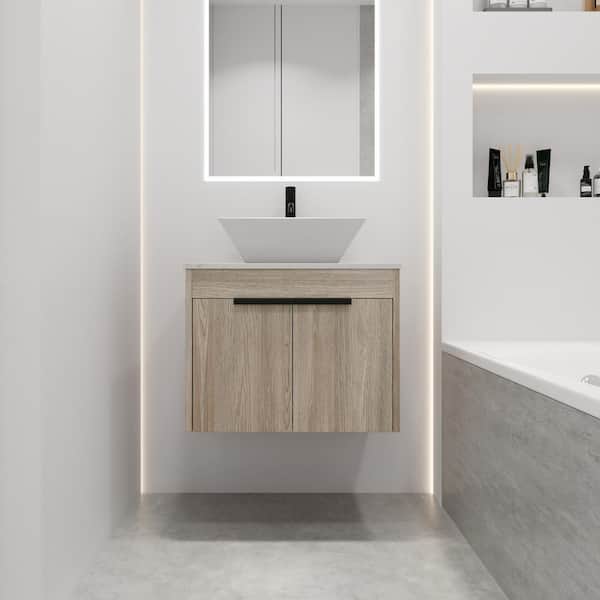 24 in. W x 23 in. D x 19 in. H Single Sink Wall Mounted Bath Vanity in Oak with White Ceramic Top
