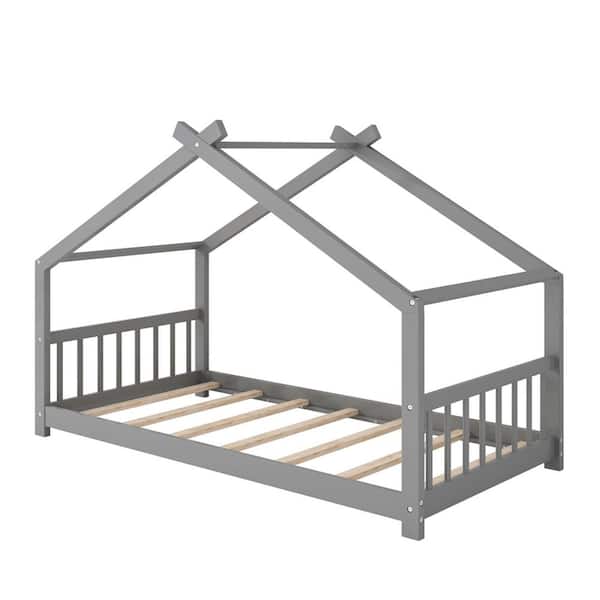 Z-joyee 41.2 in. Gray Twin Wood Kids Platform Bed