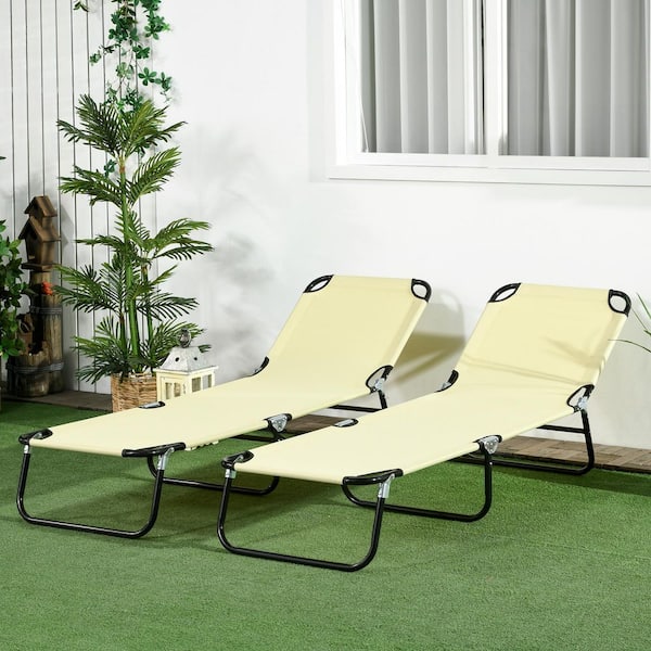 Siavonce Outdoor Steel Folding Deck Chair Pool Chair with 5-Level Reclining Backrest, Steel Frame, for Patio, Beige (2-Piece)