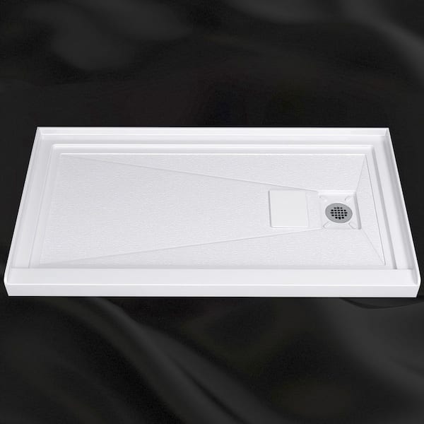 Zeafive Voe 60 in. L x 32 in. W Single Threshold Alcove Shower Pan Base with Right Drain & Cover in White Acrylic Non-Slip Tray