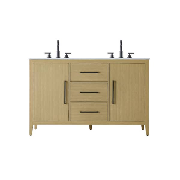 54 in. Double Sink Honey Brown Bath Vanity with White Engineered Marble Top