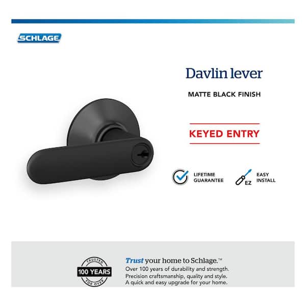 Schlage Davlin Matte Black Keyed Entry Door Lever F51A DAV 622