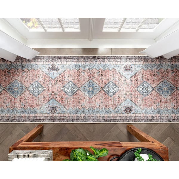 Lotus Menda Light Blue Vintage Bohemian Medallion 2 ft. 7 in. x 9 ft. 10 in. Machine Washable Runner Rug