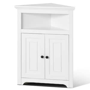 32 in. Corner Storage Cabinet, 3-Tiers Small Storage Cabinet with 2-Wooden Doors and Adjustable Shelves, White