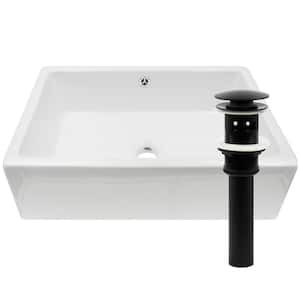 Rectangular Porcelain Vessel Sink in White with Overflow Drain in Matte Black