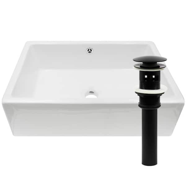 Novatto Rectangular Porcelain Vessel Sink in White with Overflow Drain in Matte Black