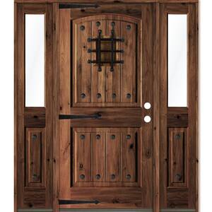 58 in. x 80 in. Medit. Knotty Alder Left-Hand/Inswing Clear Glass Red Mahogany Stain Wood Prehung Front Door w/DHSL