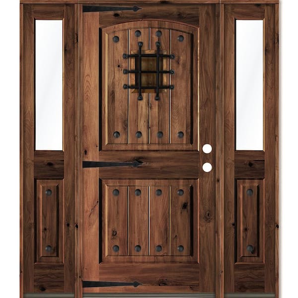 Krosswood Doors 58 in. x 80 in. Medit. Knotty Alder Left-Hand/Inswing Clear Glass Red Mahogany Stain Wood Prehung Front Door w/DHSL
