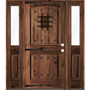 60 in. x 80 in. Medit. Knotty Alder Left-Hand/Inswing Clear Glass Red Mahogany Stain Wood Prehung Front Door w/DHSL