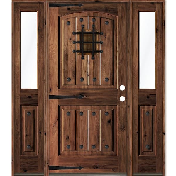 Krosswood Doors 64 in. x 80 in. Medit. Knotty Alder Left-Hand/Inswing Clear Glass Red Mahogany Stain Wood Prehung Front Door w/DHSL