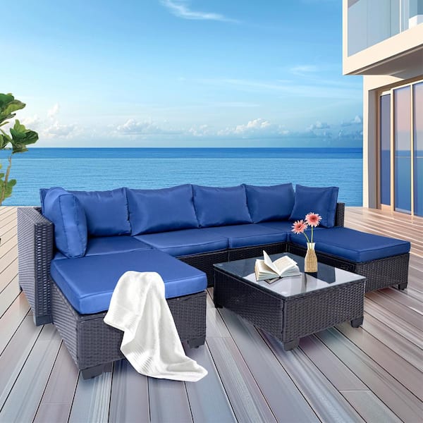 Runesay 5-Piece Wicker Outdoor Sectional Sofa Set Patio Conversation Set with Blue Cushions Adjustable Canopy Backrest