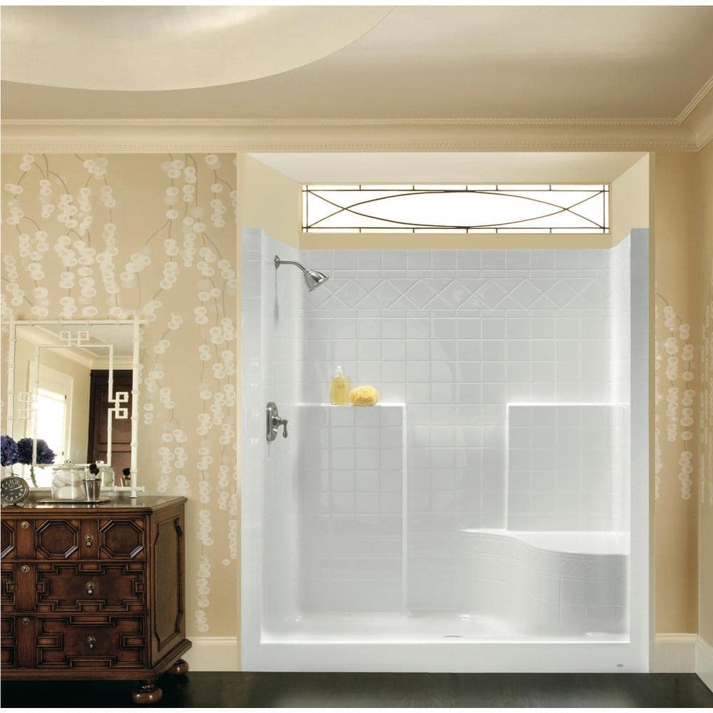 Ella Basic 37 in. x 48 in. x 80 in. AcrylX 1-Piece Low Threshold Shower Wall and Shower Pan in White, Center Drain, LHS Seat