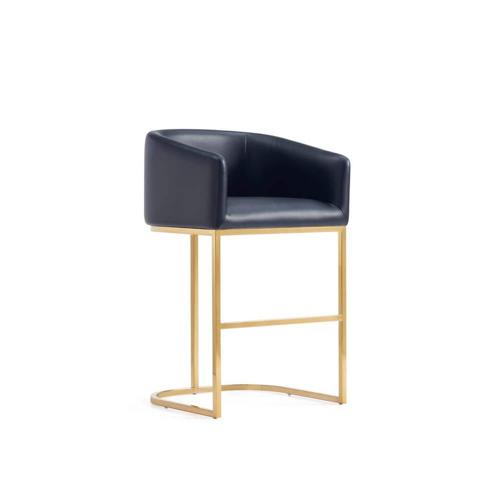 Black Leather and Gold Metal Counter Height Barstools, Set of 2