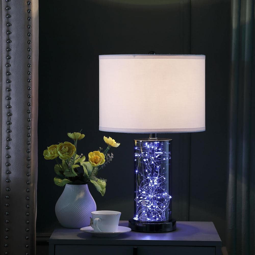 21.25" Black Chrome Cylinder Nightstand Lamp with LED Light