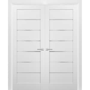 48 in. x 80 in. Universal Frosted Glass Solid MDF White Finished Pine Wood Double Prehung French Door with Hardware