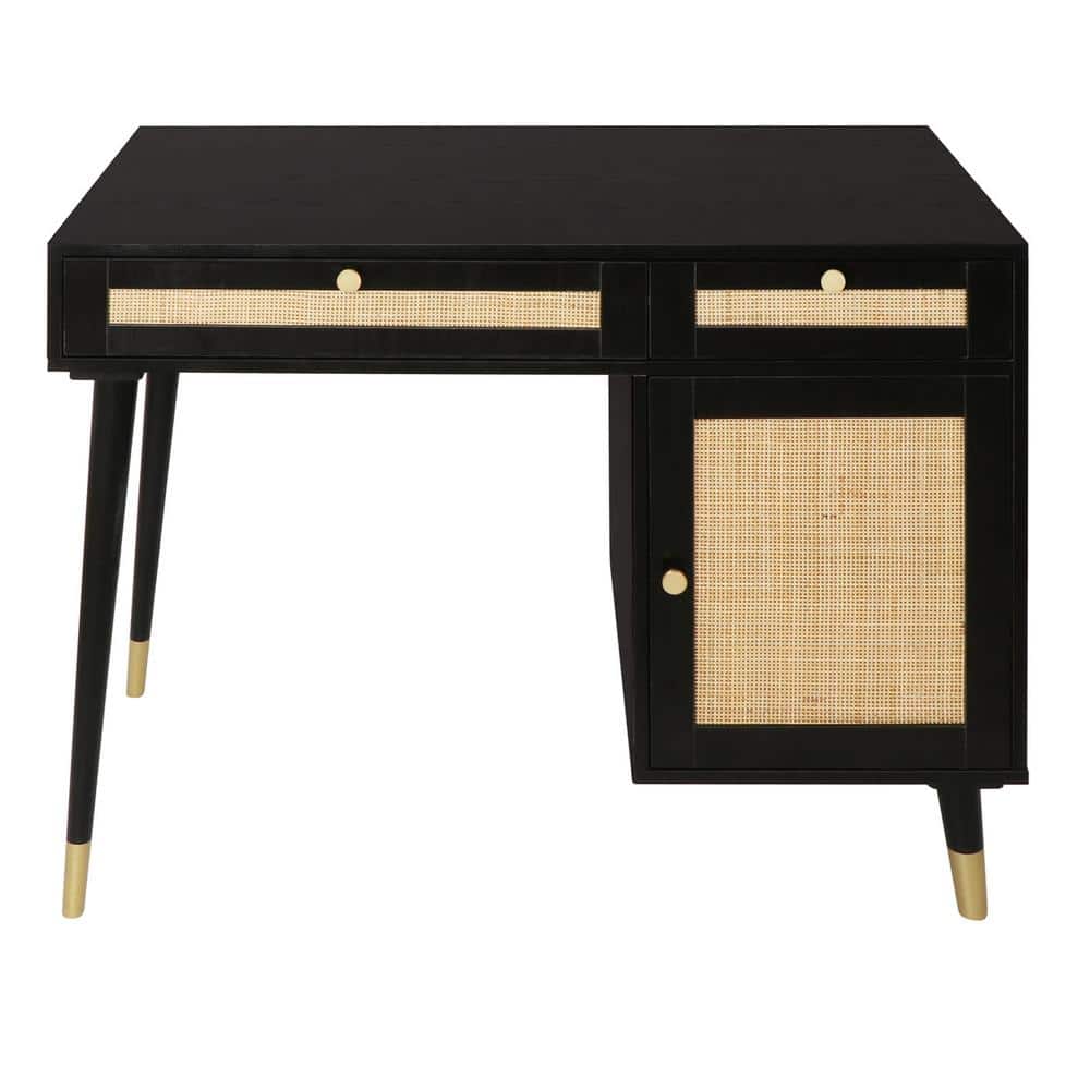 55 Modern Black Rectangular Home Office Desk with Pine Wood Table Top & Gold Frame