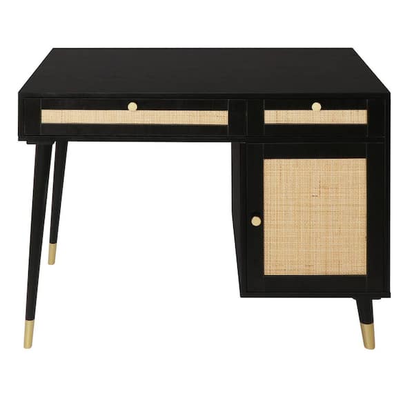 Aupodin Farmhouse Rattan 39.4 in. Retangular White/Gold Wood Computer Desk Writing Desk with 2-Drawer and Side Storage, White and Gold
