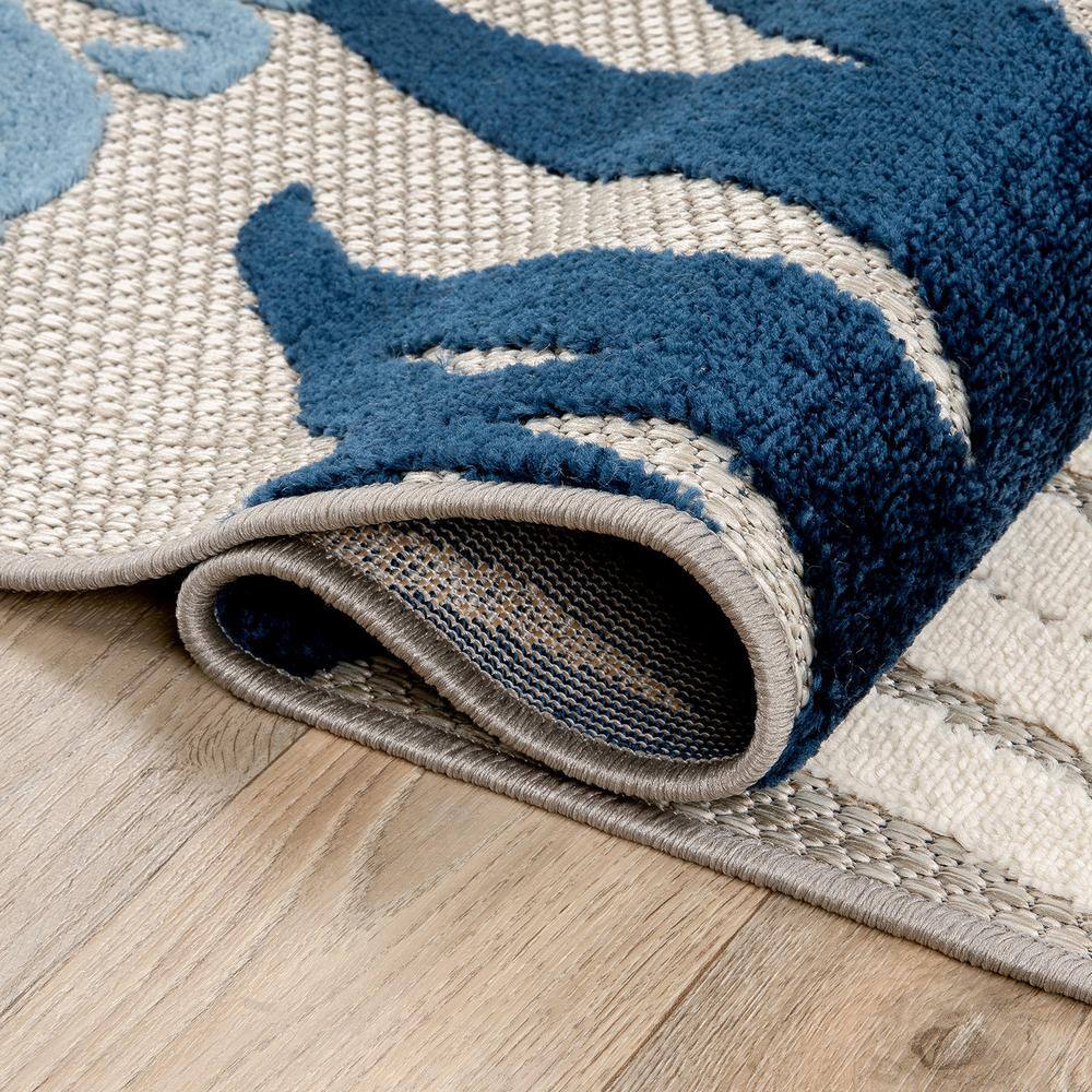 Navy Floral Synthetic Flat Woven Reversible Area Rug