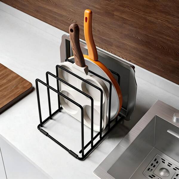 Black 5-Slot Tiered Pot Rack with Rust Resistant Iron, Compact Portable Storage for Pans and Cutting Boards