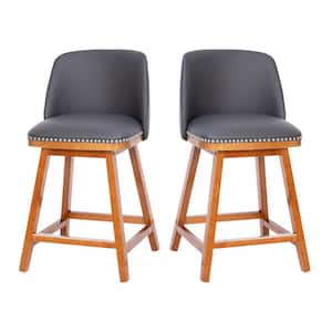 34.75 in. Gray LeatherSoft/Walnut Low Wood Bar Stool with Leather/Faux Leather Seat