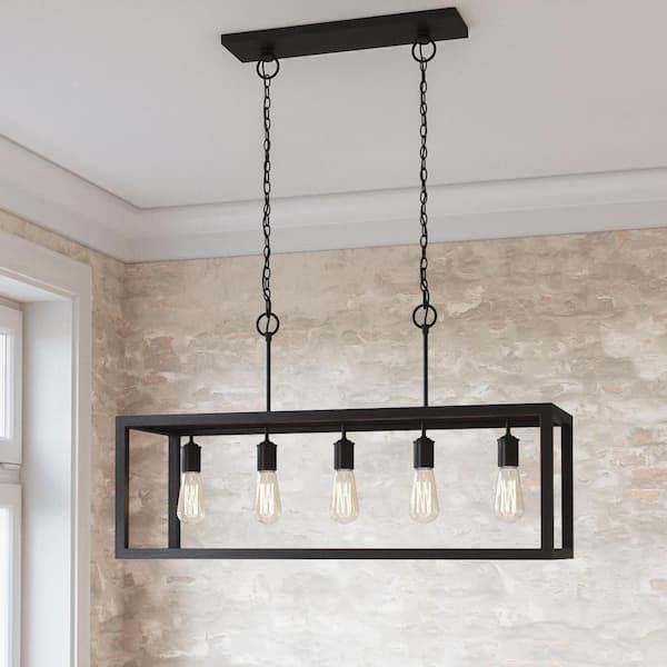 Home Decorators Collection Boswell Quarter 34 in. 5-Light Distressed Black Farmhouse Linear Chandelier for Dining and Kitchen Islands