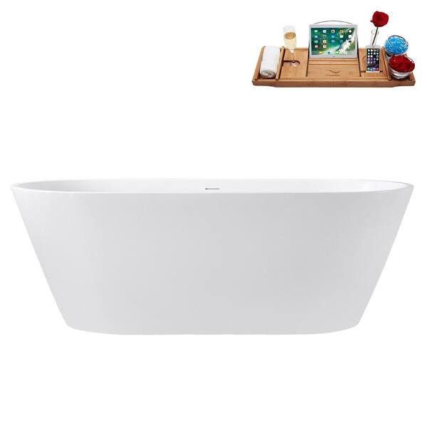 Streamline 59 in. x 30 in. Acrylic Freestanding Soaking Bathtub in Glossy White with Brushed Gold Drain, Bamboo Tray